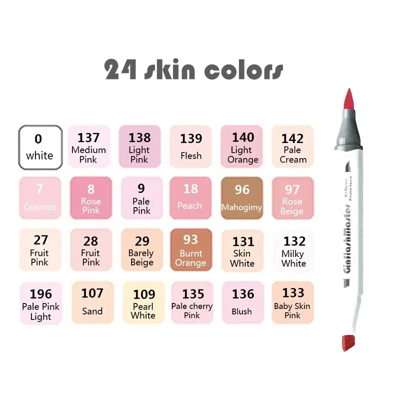 Ginflash Soft Brush Skin Tone 24colors Art Markers Brush Pen Sketch Alcohol Based Markers Dual Tipped Manga Drawing Art Supplies