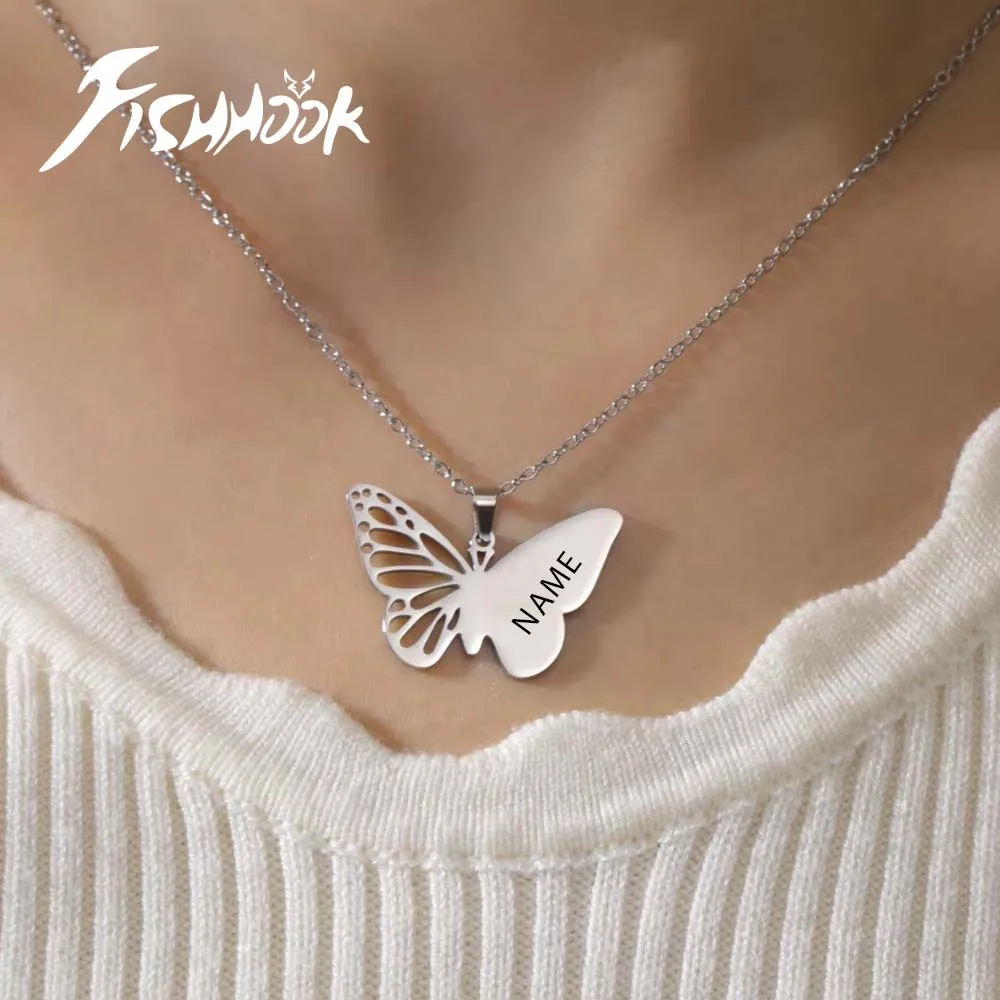 Couple Butterfly Necklace Personalized Name Custom Gift For Woman Men Girl Kid Gold Color Pendant Stainless Steel Chain Jewelry