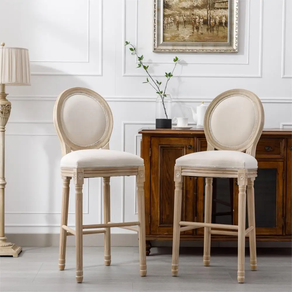 French Country Wooden Barstools with Upholstered Seating ,Beige ,Set  of 2