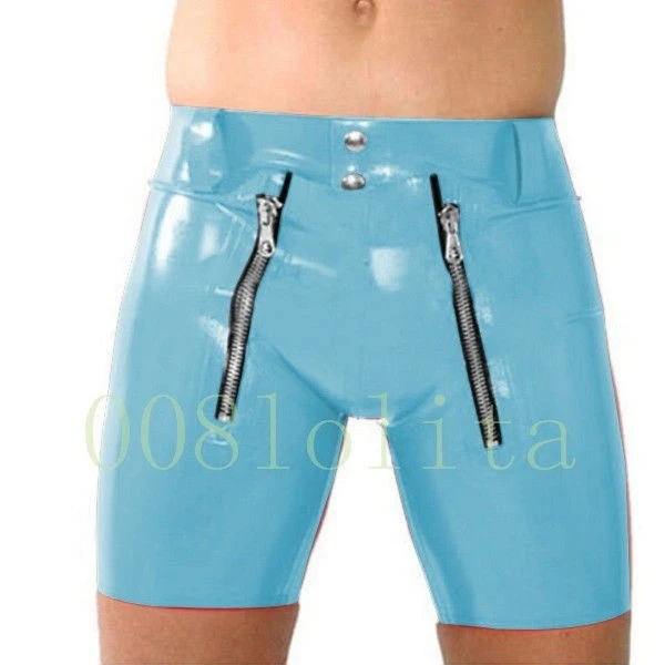 

100% Latex Rubber Gummi Light blue Sports Tight Shorts with Zipper