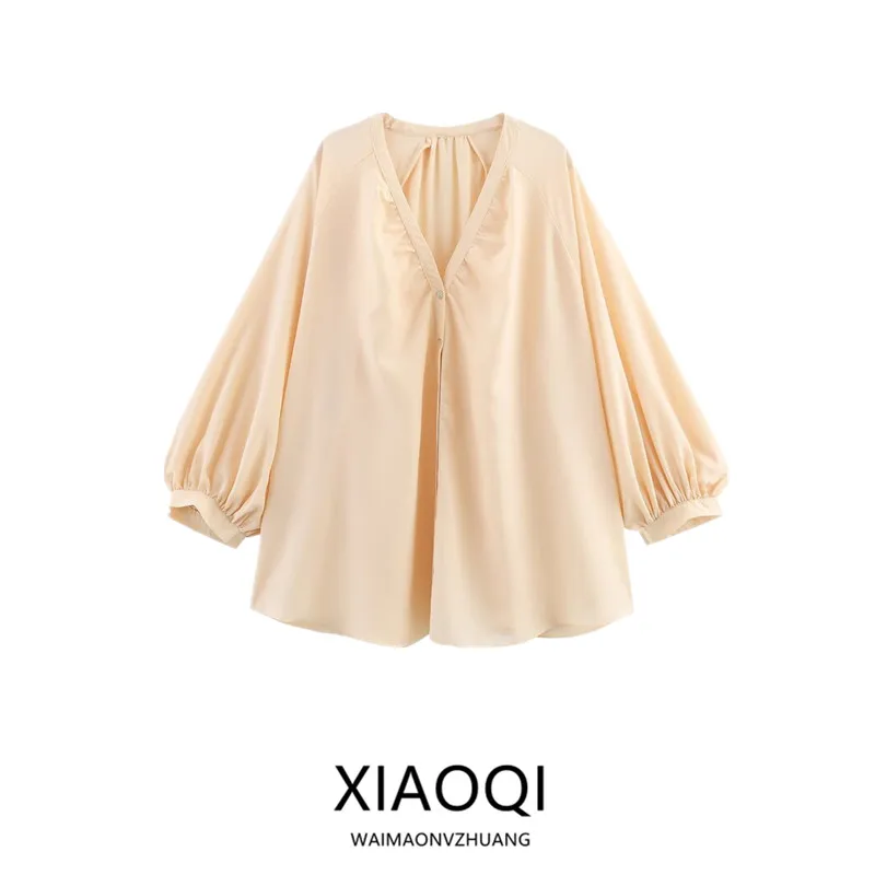 

Loose V-Ne Long Sve irt Women's Faion Summer New Arrival Versatile Design Commute Sle Pure Color Button Closure
