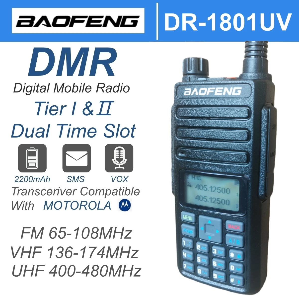 

Baofeng DR-1801UV Dmr Long Range Walkie Talkies Dual Time Slot Tier 1+2 Sms Uhf Vhf Camping Communication Radio