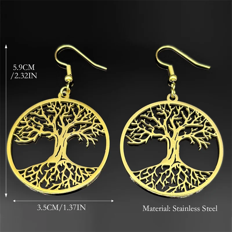 Hollow Tree of Life Drop Earrings for Women Men Stainless Steel Gold Silver Color Plant Dangle Earring Amulet Jewelry Gift