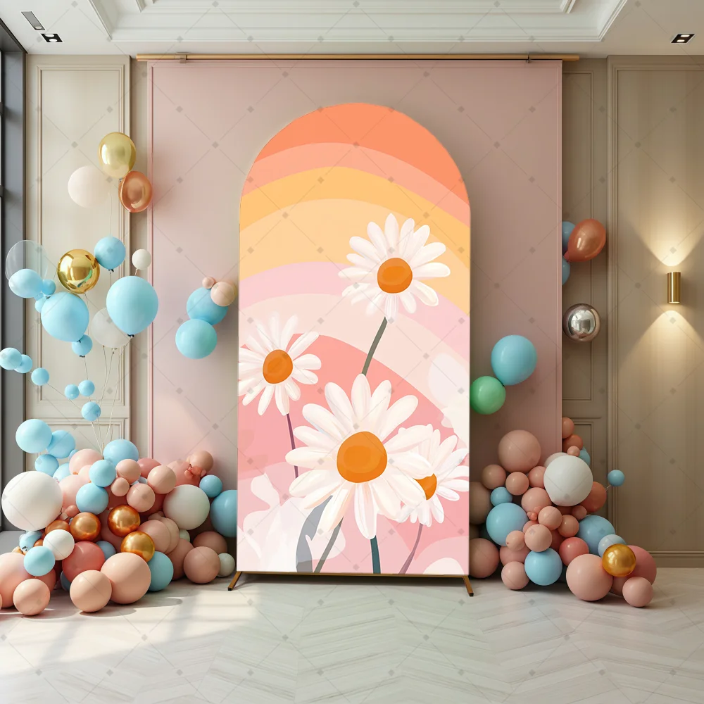 Arch Backdrop Colorful Rainbow Daisy Pattern Cover Photo for Girl's Birthday Party Baby Shower Fabric Celebrate Decoration