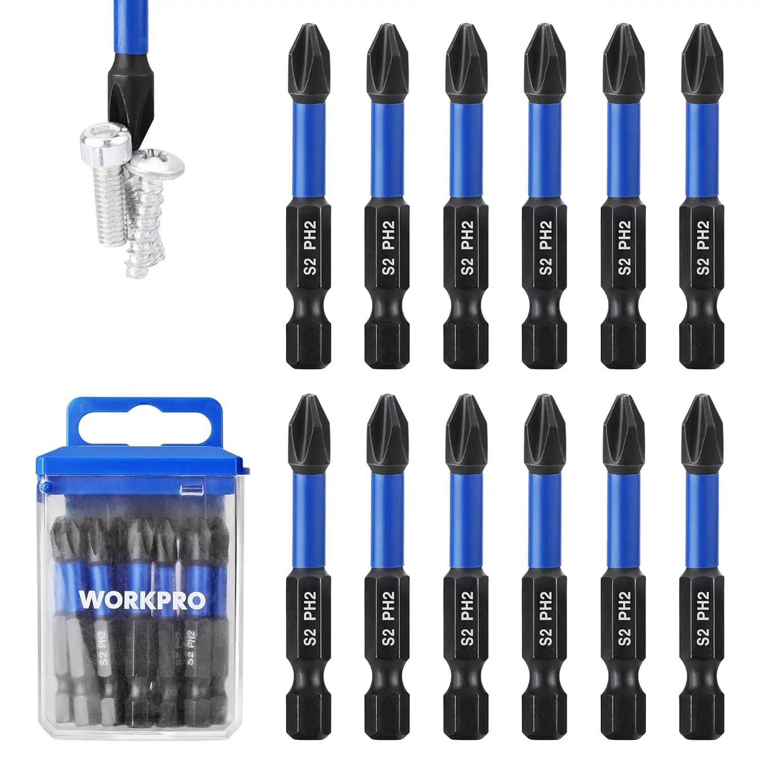 

12pc PH2 Impact Screwdriver Bits, S2 Steel, Magnetic Tips, 1/4" Hex Shank, 2" Long, Storage Box