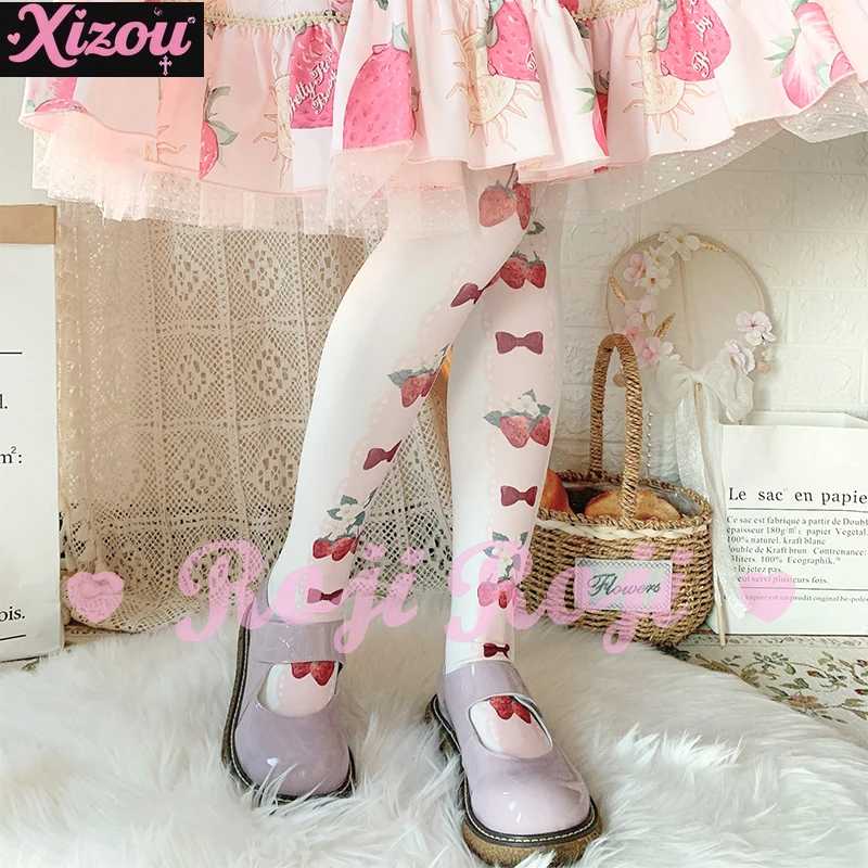 Japanese Strawberry Bow Tie Lolita Socks Women's Spring and Summer Velvet Print Pantyhose Lolita Sweet Socks Sweetheart Girl