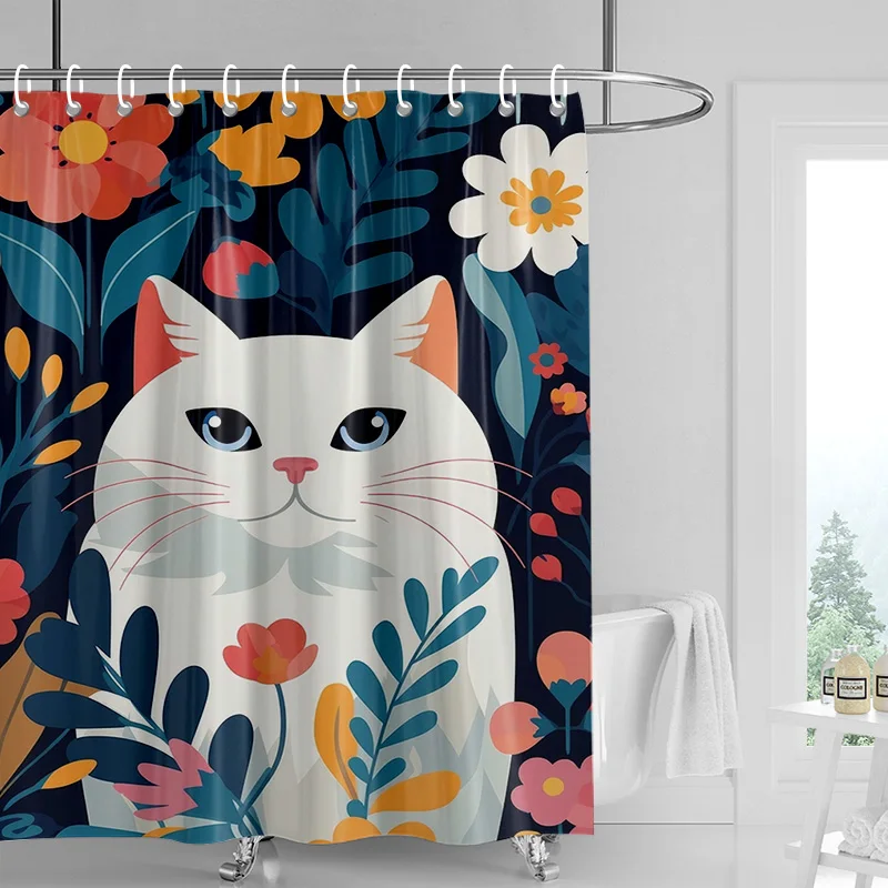 Abstract Art Cat Theme Shower Curtain Waterproof Mildew-proof Bathroom Curtain Bathroom Ins Wind Decorative