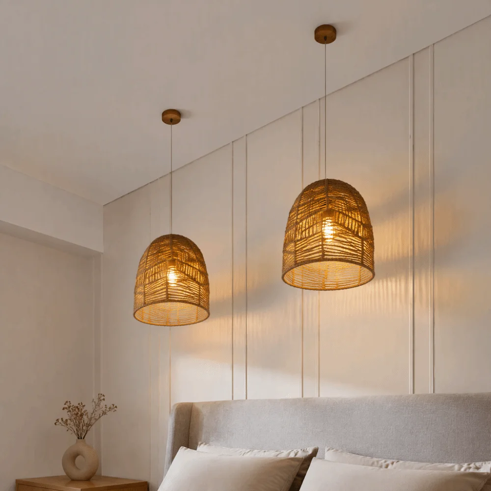Handwoven Paper Rope Lamp Shade Natural Rattan Hand-Woven Bamboo Bamboo Lantern Pendant Lamp Minimalist Decorative Hanging Light