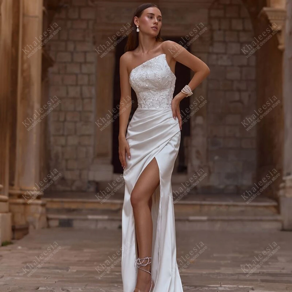 

Vintage Wedding Dresses Satin Bridal Gowns Lace Appliques Strapless Backless Robes Sexy High Slit Vestidos De Novia Customized