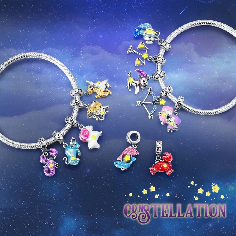 925 เงินสเตอร์ลิง 12 Constellation Luminous จี้ Charms Fit สร้อยข้อมือเดิมสําหรับผู้หญิง DIY ของขวัญ DIY