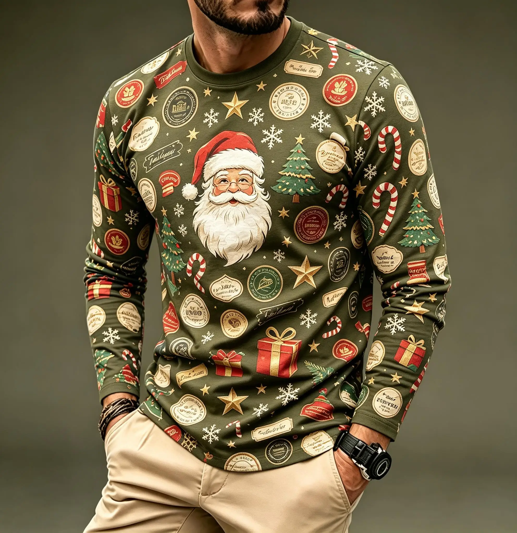 Men Festive Christmas Long Sleeve Top, Santa Claus Tree Gift Snowflake Print Crew Neck Casual T-shirt