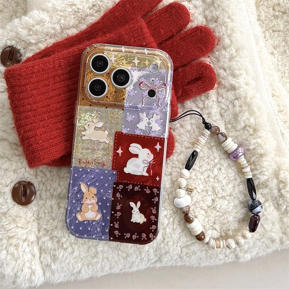 

Cute Little Flower Rabbit Silicone Phone case for iPhone 17 Pro 16 15 14 13 16 Pro Max Fundas With Chain Korean Shockproof Cover