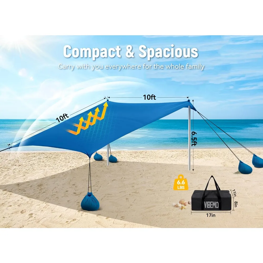 خيمة شاطئ، مأوى شمسي بعامل حماية من أشعة الشمس 50+، مظلة خارجية مقاس 10 × 10 أقدام مع أكياس رمل، أوتاد أرضية، أقطاب ثابتة ومجرفة رمل، شمس محمولة