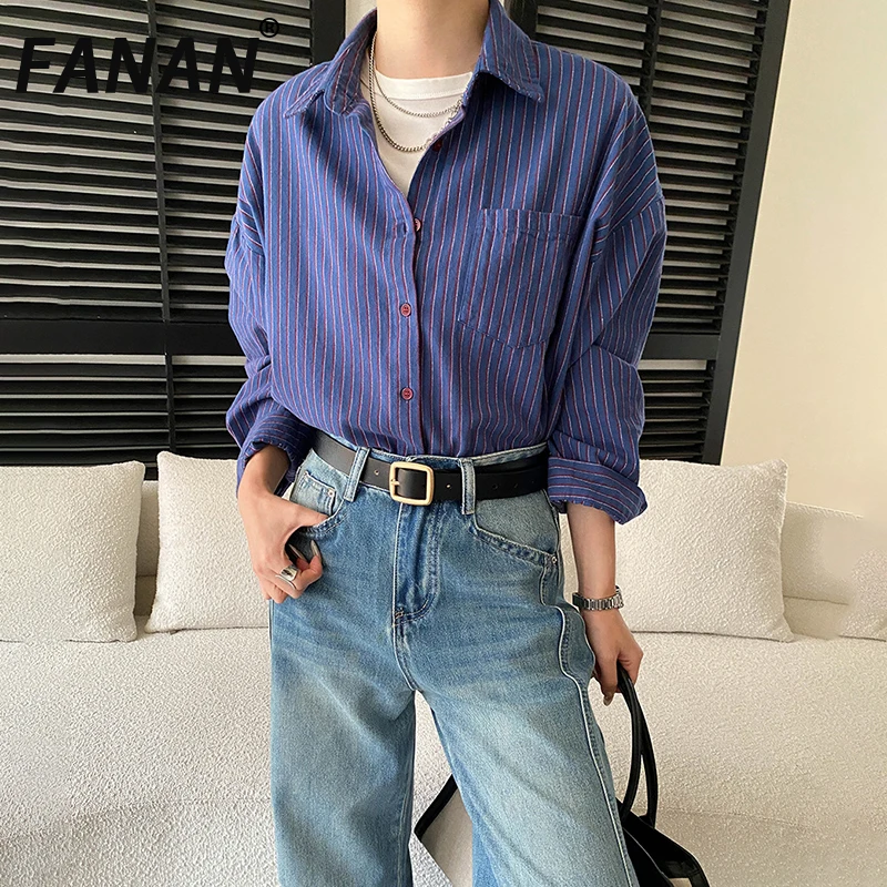 

FANAN Fashion Striped Contrast Color Shirts For Women Lapel Single Breasted Temperament Fit Tops Office Lady 2026 Spring New