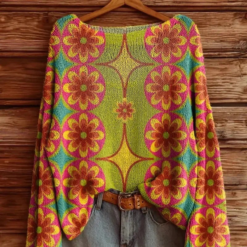 

Повседневные вязаные свитера с цветочным принтом для женщин, модный пуловер, свободный свитер с длинными рукавами, модные уличные джемперы, топы