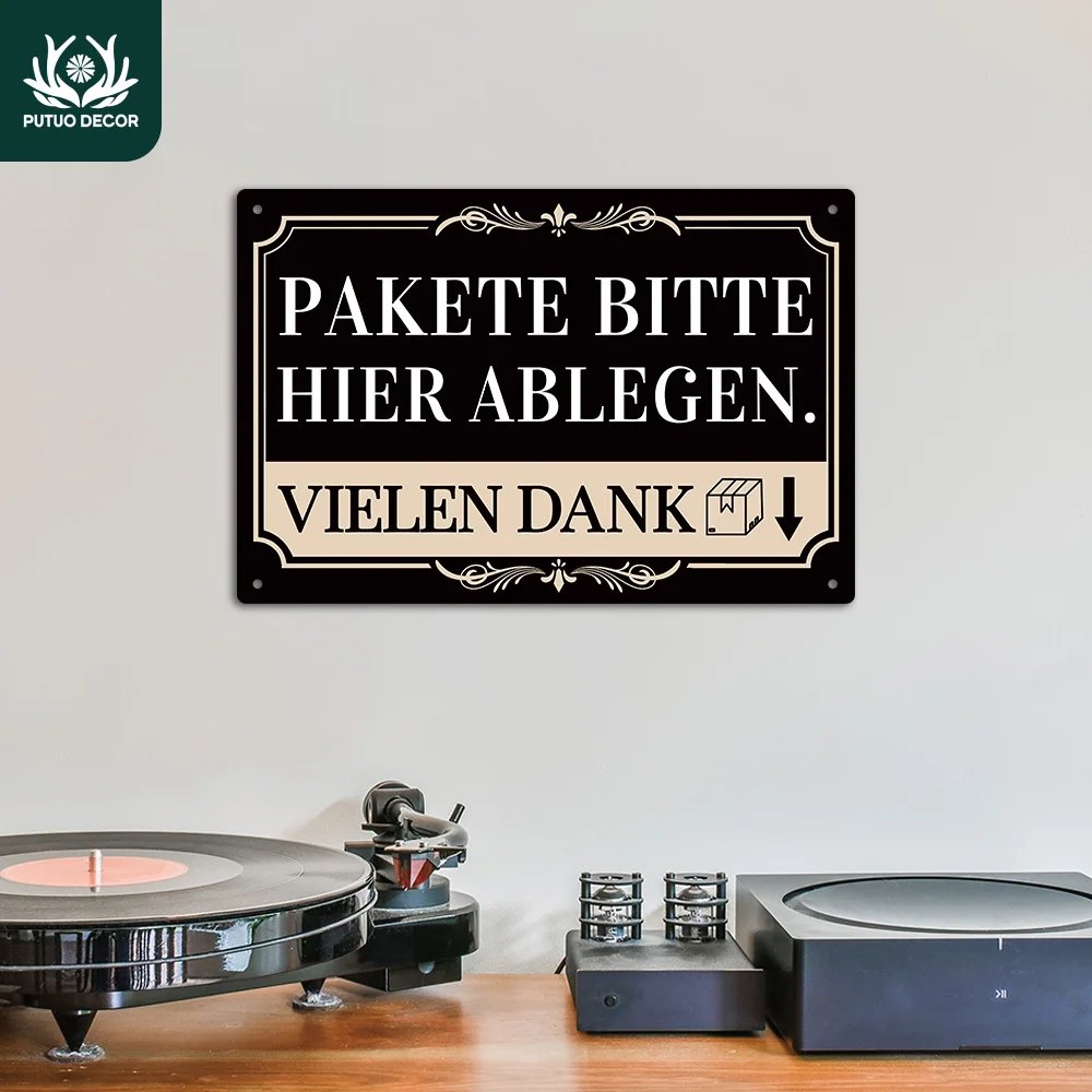 Putuo Decor 1 Stück Deutsches Warnschild Vintage Metallschild, Bitte Pakete Hier Abzugeben. Vielen Dank, Wandkunst-Dekoration für Zuhause, Geschenk