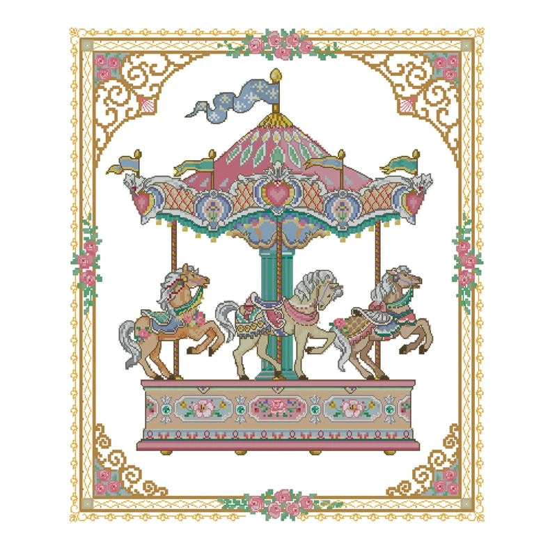 DIY Cross-stitch Kit Embroidery Handwork Saga Carousel Printed Fabric Optional Creative Craft Point Kit for Beginners