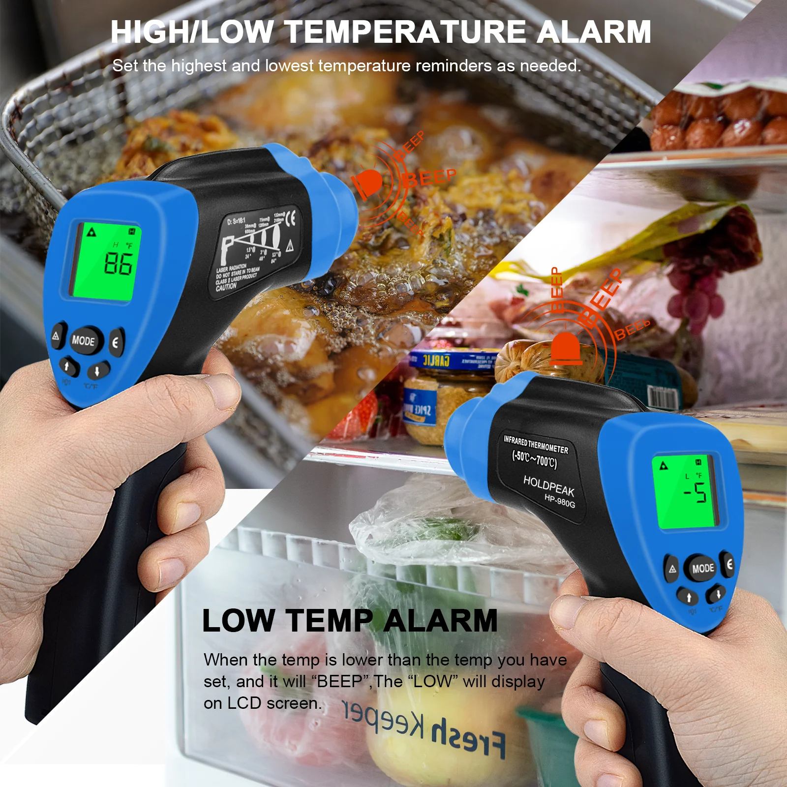 

HP-980G Non-contact infrared thermometer,-50℃ to 700℃,Laser thermometer,distance spot ratio:16:1,LCD display,MAX-AVG-MIN–HAL–LAL