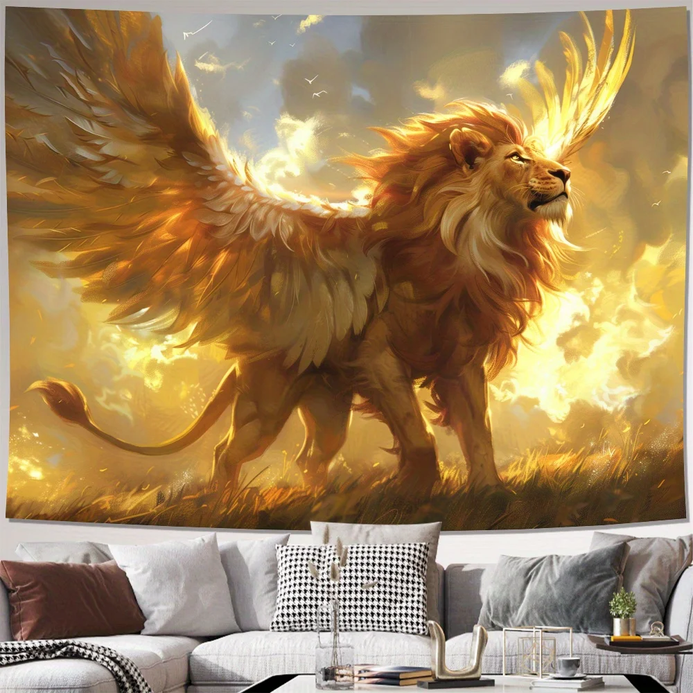 Grande Tapisserie Murale Lion Doré, Décoration Animale Roi, Art Mural Majestueux Jungle Fantaisie Safari pour Salon et Décoration Intérieure