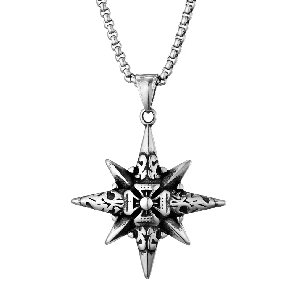 CHUANGCHENG Vintage Punk Hip-hop Hexagonal Star Compass Cross Stainless Steel Pendant Men's Necklace Chains