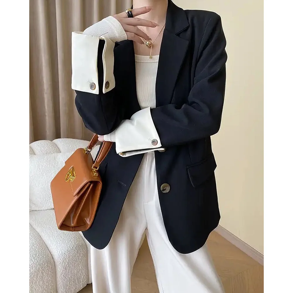 

Luxury Single Breasted Women's Suits Black Blazer Beige Pants 2 Piece High Quality Custom Female Business Outfits Blazer Set