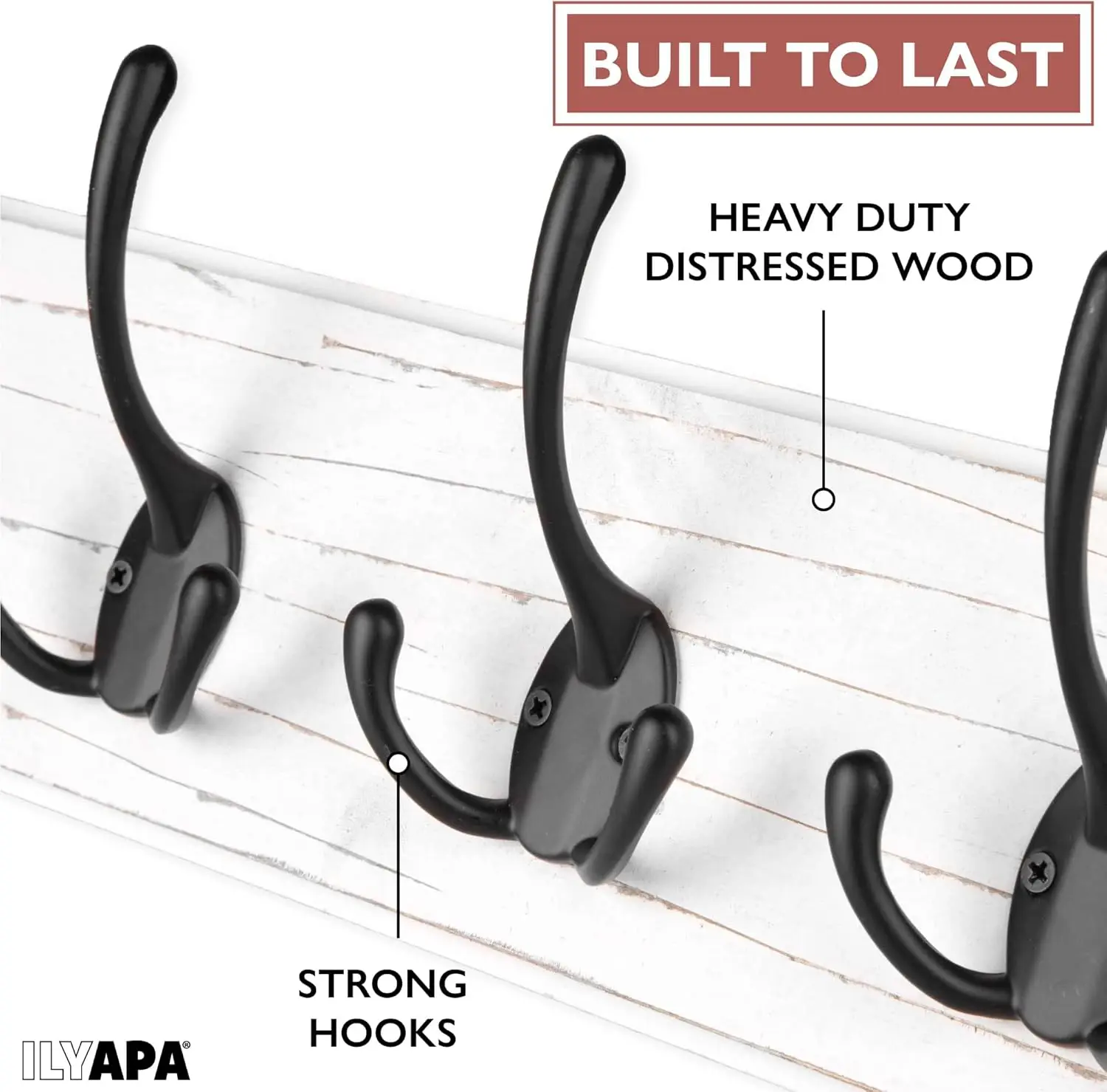 

Ilyapa Wood Coat Rack With Triple Hooks, 6 Metal Pronged Tri-Hooks - White Finish, 27 Inch Wall Mount, Heavy Duty For Hats,