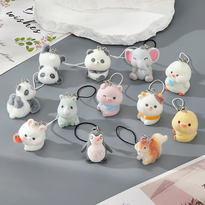 Llaveros de resina esponjoso con diseño de Panda, elefante, conejo, cordón para teléfono, flocado, pato, pollito, Animal, colgante para mascota, bolsa, funda para auriculares, accesorios