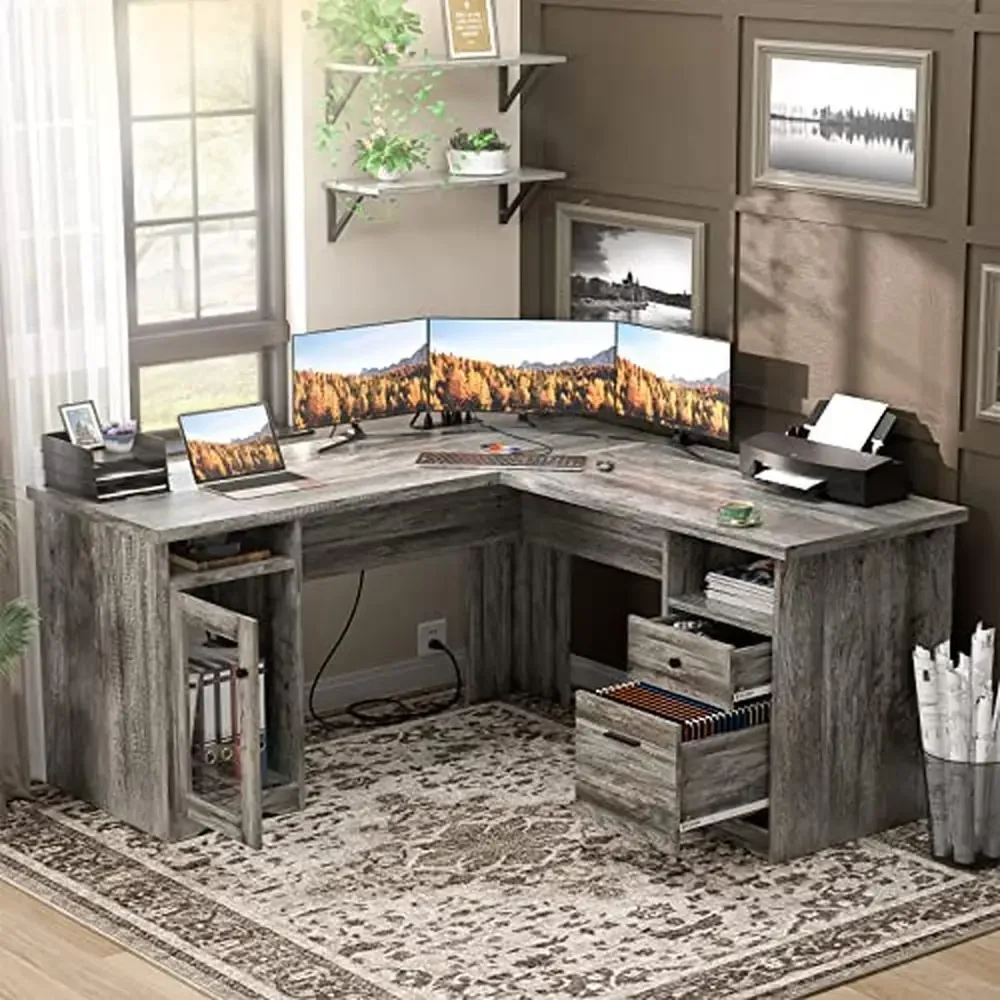 L-Shaped Desk with USB Charging Port and Power Outlet Large 2 Person Home Office Table Organizing Drawers Sit Corner Gaming