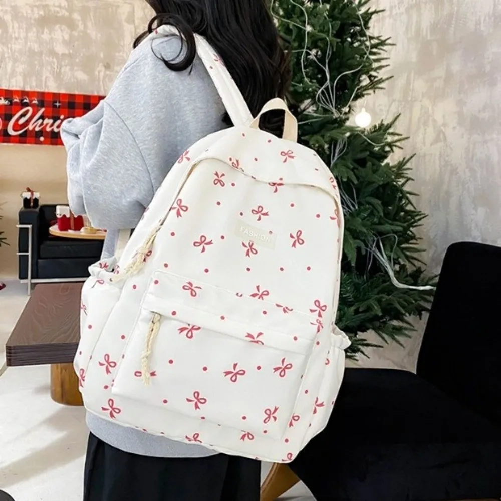 Nylon Material Bow Print Backpack Adjustable Straps Quilted Design Large Capacity School Bag Multi-Pocket Reinforce Structure