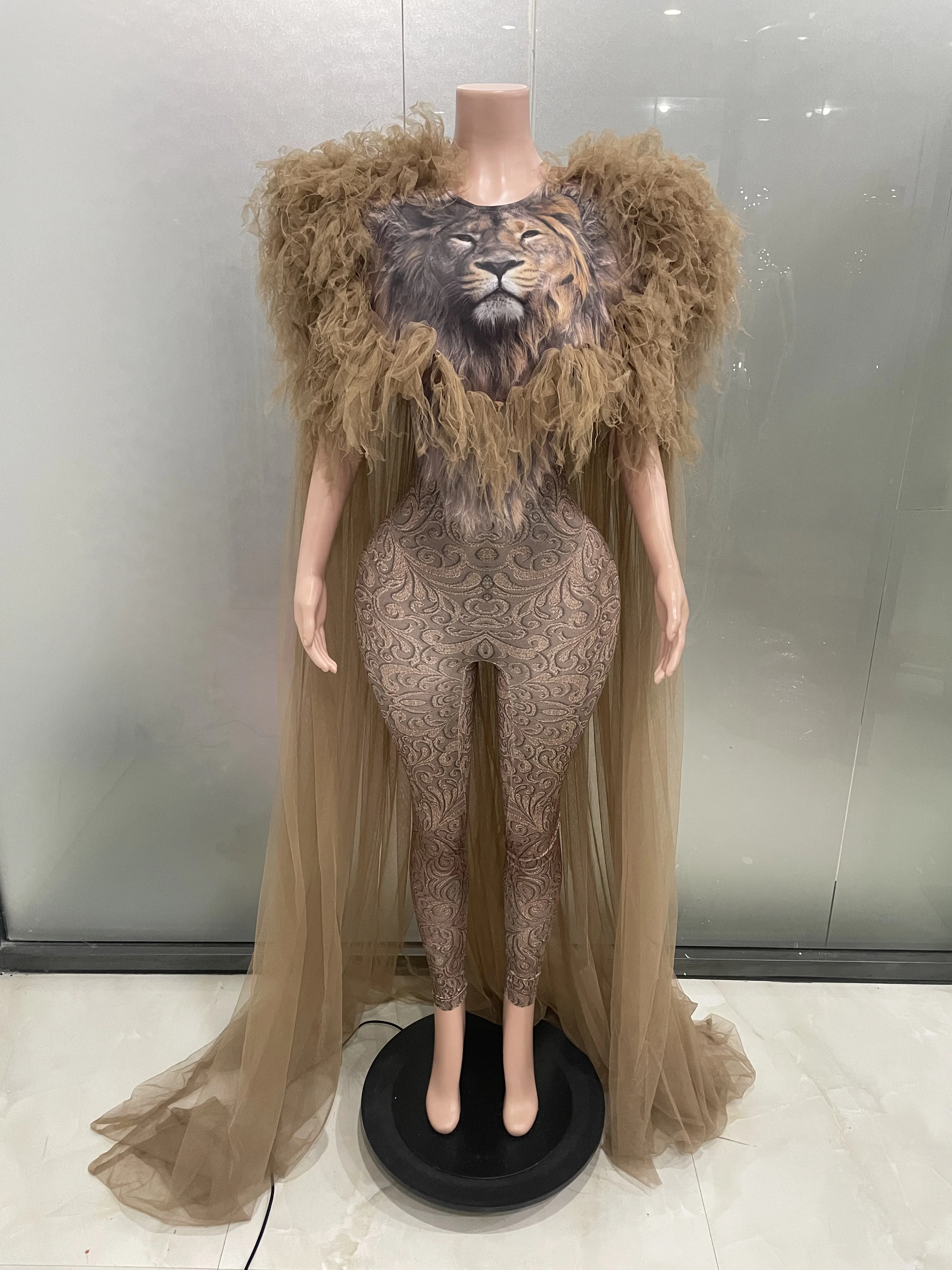 Sexy Lion king Jumpsuit Cloak Women female stage dance wear Long Tail DJ Nightclub Evening Outfit Birthday Celebrate Dresses