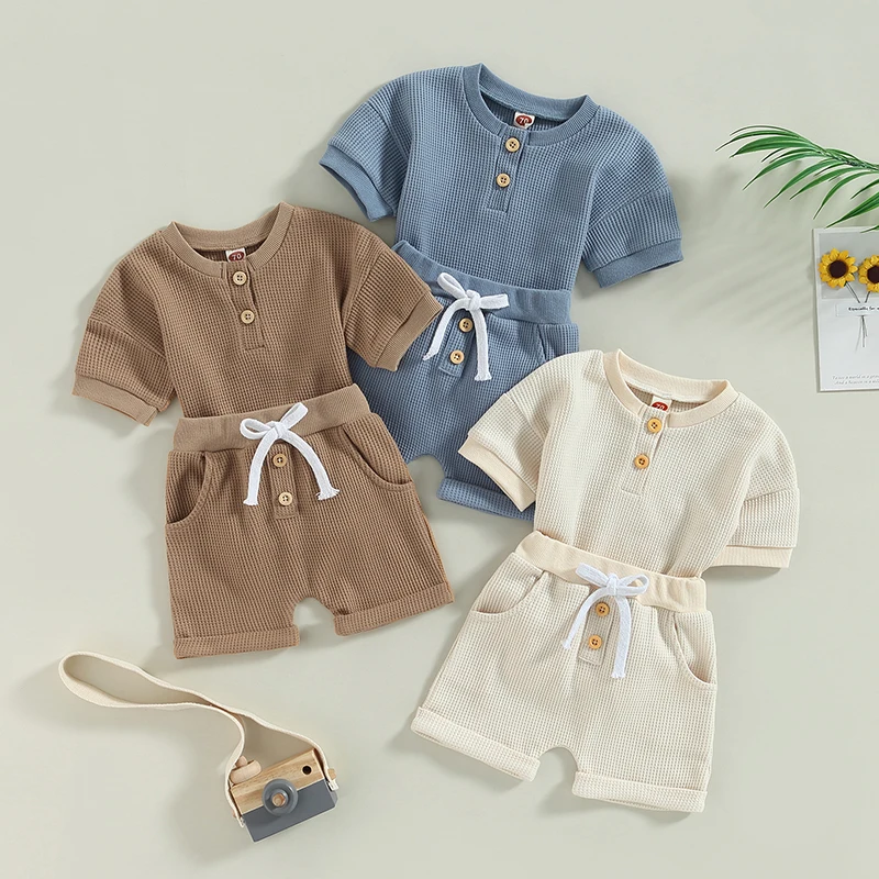 2023-02-17 Lioraitiin 0-3Years Infant Boys Summer Clothes Outfits Solid Buttons Crew Neck Short Sleeve Tops Shorts 2Pcs Suit