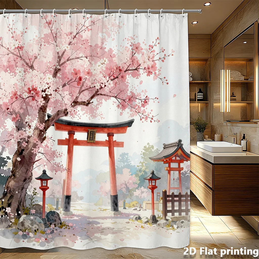 

Japanese Cherry Blossom Shower Curtain – Torii Gate, Sakura Tree & Lanterns | 2D Flat Print, Waterproof, 12 Grommets,