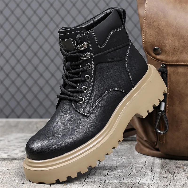 

Men Boots Quality Leather Boots Fashion Casual High Top Boot Thicken Plush Warm Men Winter Boots Lace Up Thick Soled Ankle Botas
