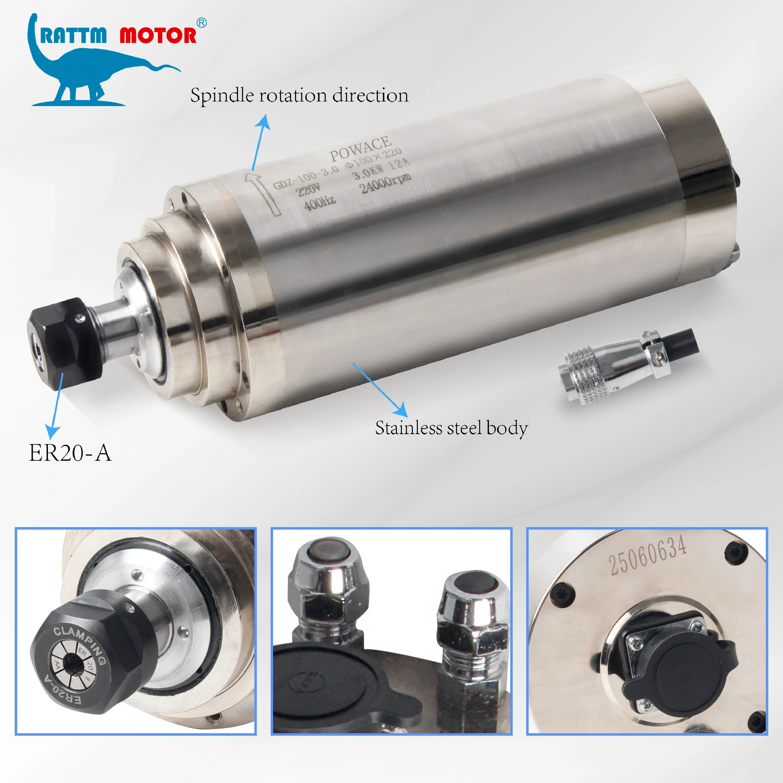 POWACE GDZ-100-3.0 3KW ER20 Water Cooling Cooled CNC Spindle Motor For Woodworking Lathe