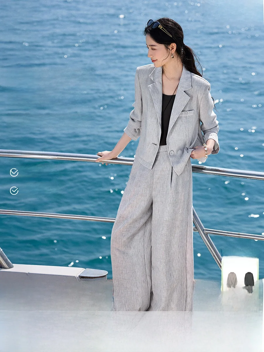 

XWI High nce Simulation Linen Suit Set Women's Spring Lightweight Straight Leg Pants Two-Piece Workwear Ensemble