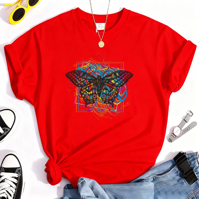 2025 الأصدقاء برنامج تلفزيوني الحيوان الكرتون فراشة 100% القطن الخالص تي شيرت علوي حجم كبير للجنسين Kawaii الملابس أنيمي غرزة