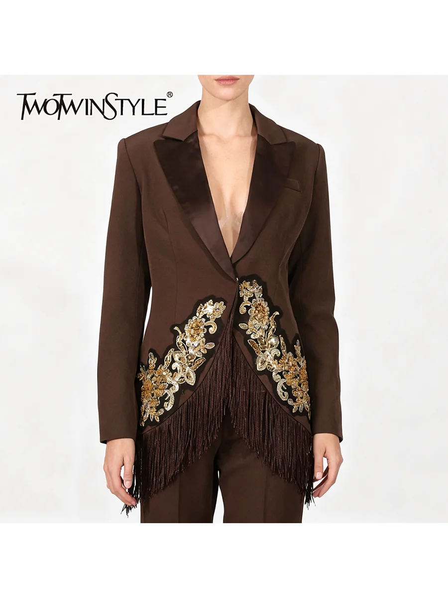 

TWOTWINSTYLE Slimming Spliced Tassels Vintage Blazers for Women Lapel Long Sleeves Tunic Patchwork Sequins Blazer Female Fashion