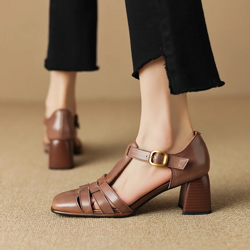 2023 New Vintage Women Shoes Genuine Leather Sandals Woman Office Ladies Buckle Dress Shoes Thick High Heels Sandals Heels Women