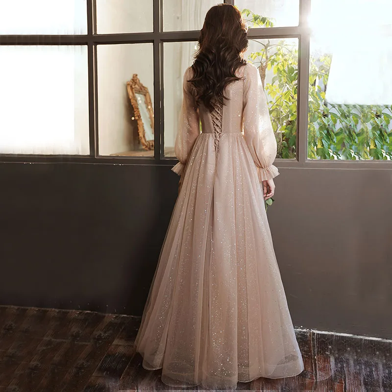 DongCMY Long-sleeved Evening  Hostess Dress Woman 2026 New Spring And Summer Banquet Temperament Champagne Annual Party Korean