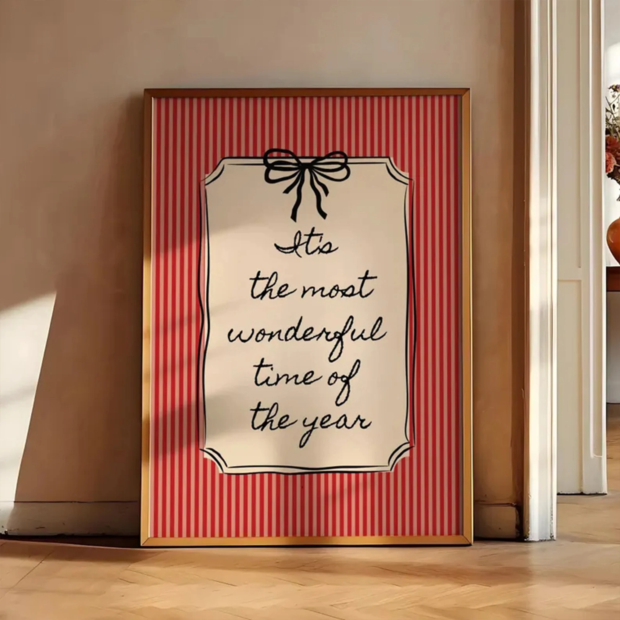 Modern It's The Most Wonderful Time Red Stripe & Bow Wall Art Print Canvas Painting Poster Picture For Living Room Home Decor
