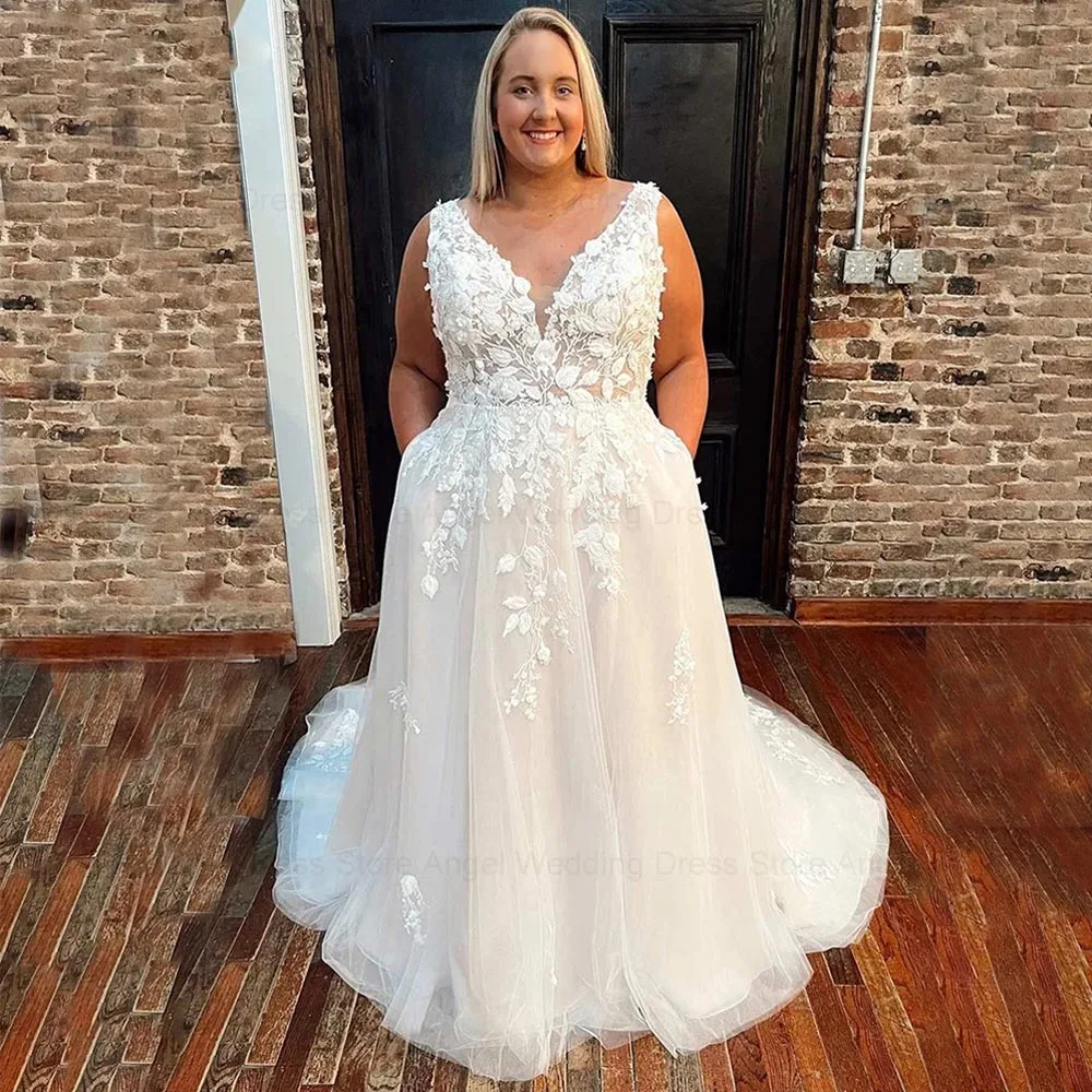 ANGEL Customized V-Neck Appliques A-Line Lace Large Plus Size Wedding Dresses Backless Sweep Train Bridal Gowns Vestido De Novia