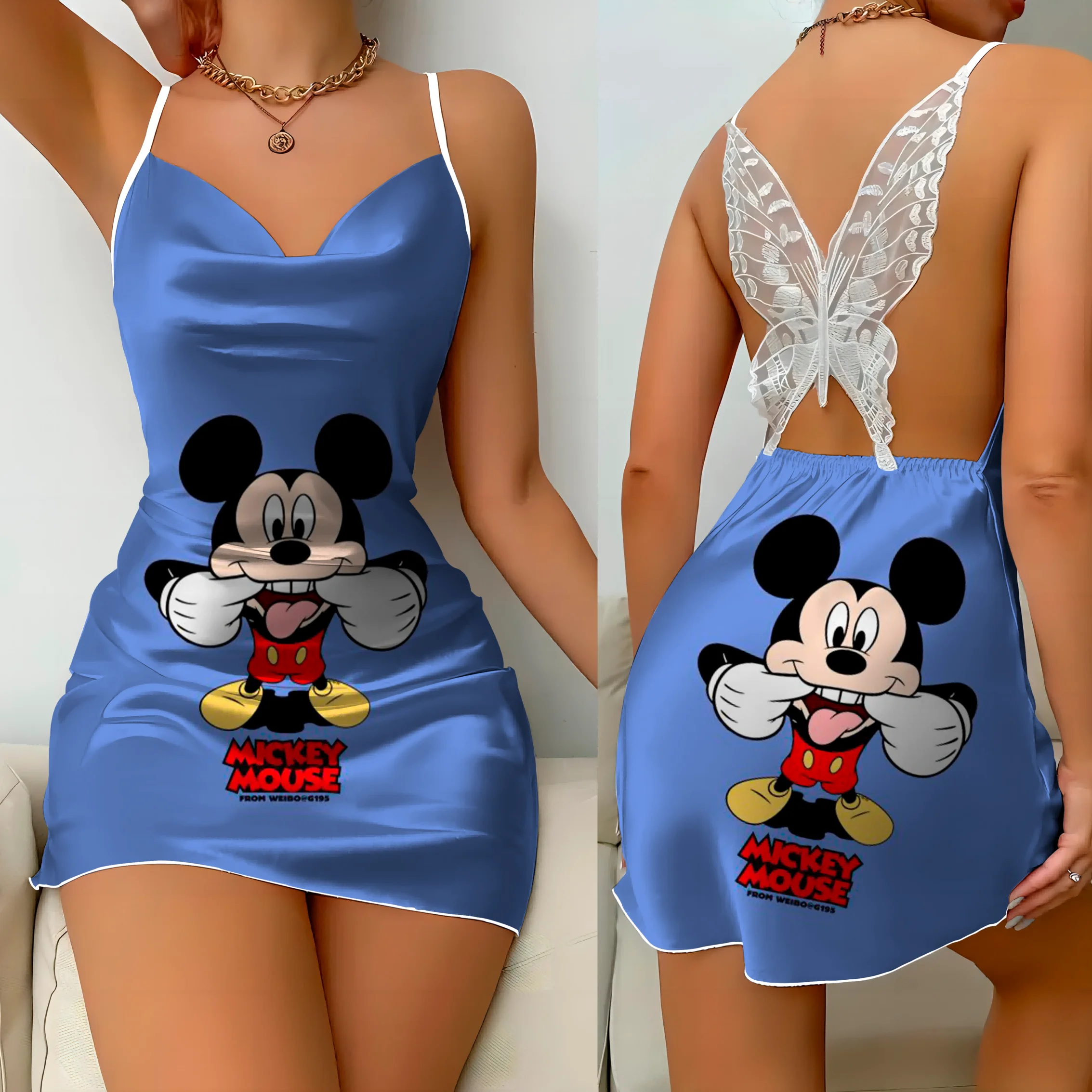 Mini vestido sem costas com nó arco para mulheres, vestidos sexy, superfície de cetim, Minnie Mouse, Mickey, saia pijama Disney, moda feminina,