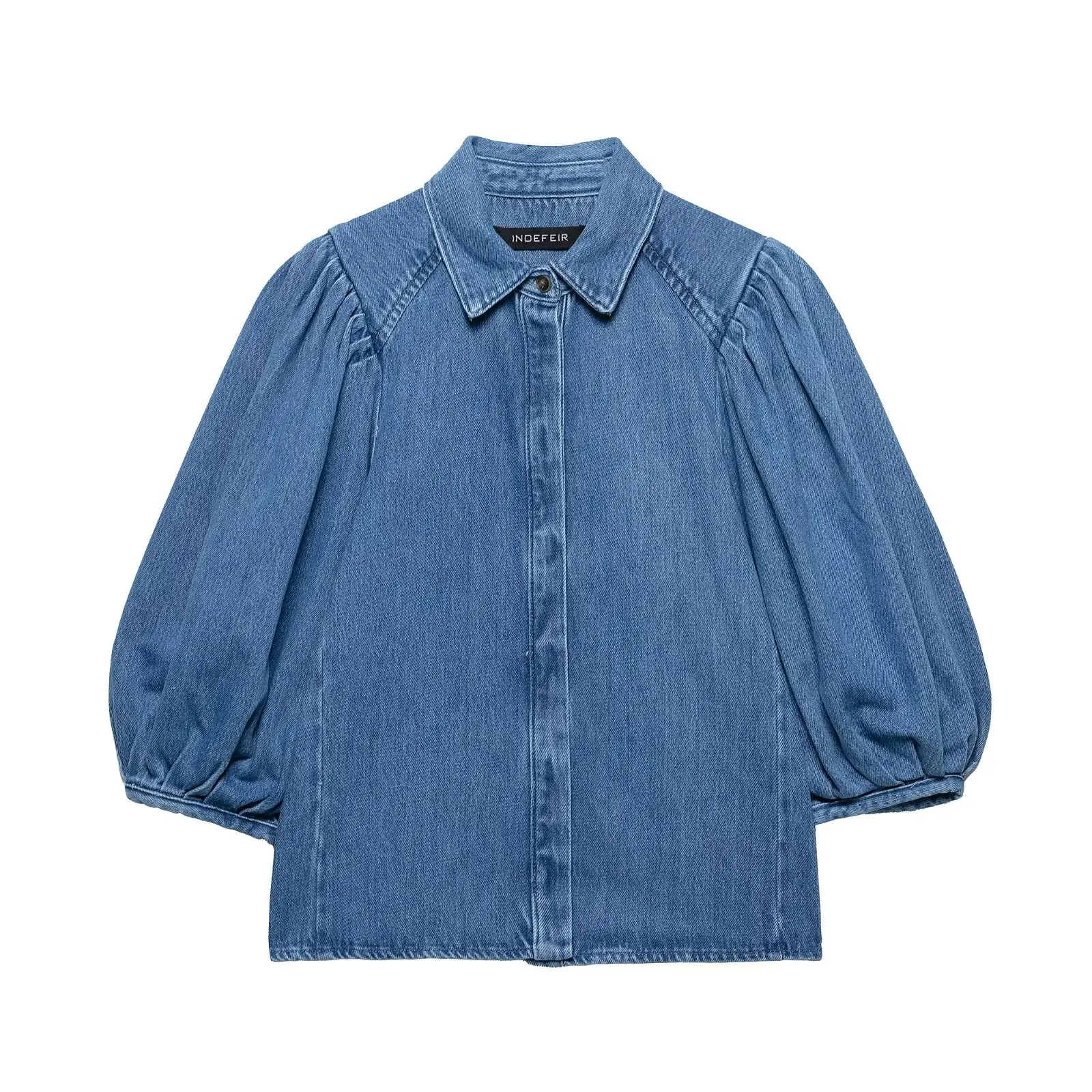 Zevity, moda para mujer, cuello vuelto, pecho, blusa vaquera informal para mujer, camisa plisada de media manga, camisa elegante, Blusas, Tops LS9131