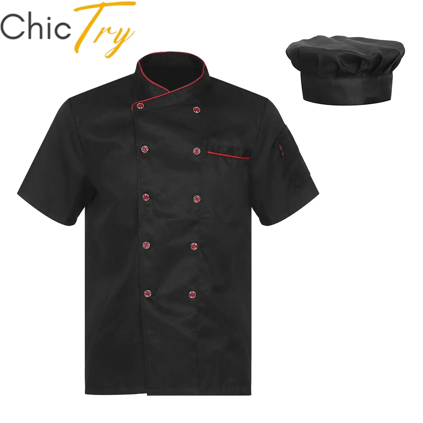 

Men's Chef Coat Uniform Short Sleeve Cook Jacket Restaurant Kitchen Work Shirt with Hat Canteen Food Service Hotel Bakeshop Top