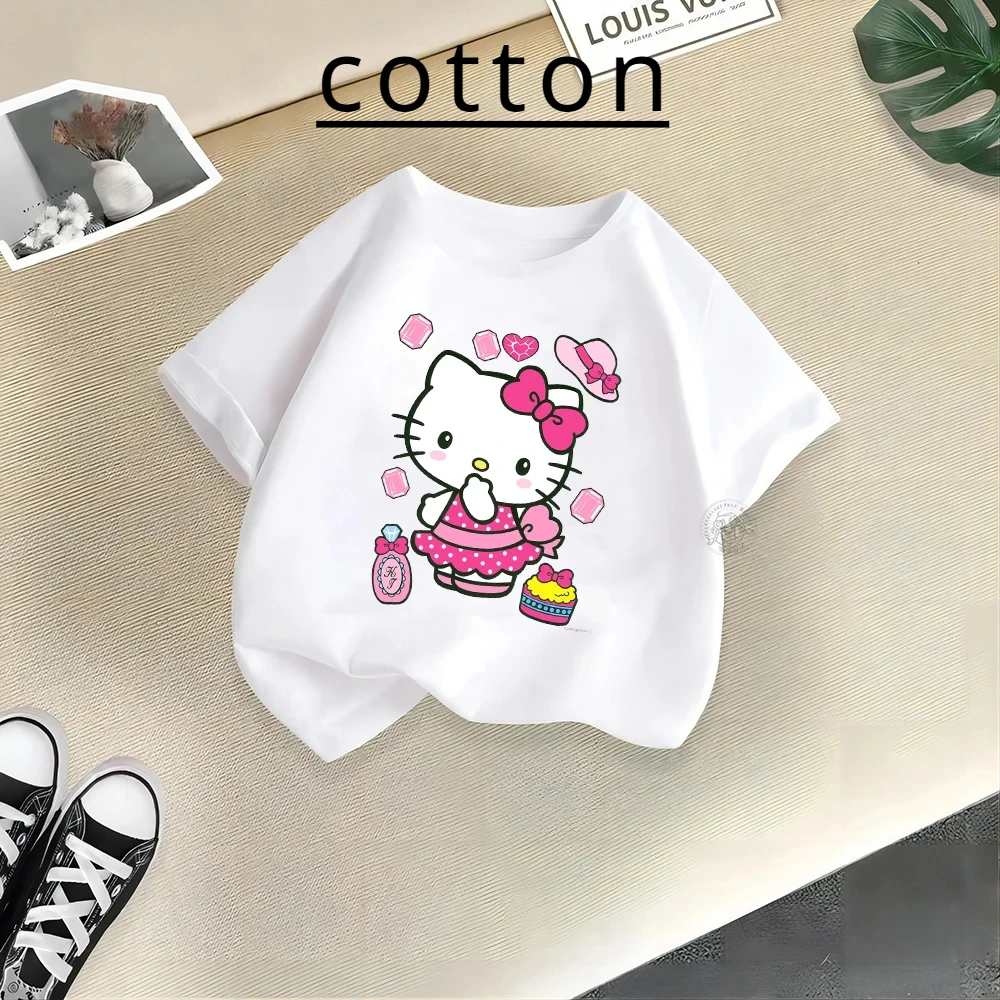 Children's Cartoon Summer Cotton Girl Playful Cotton T-shirt Hello Kitty Creative Printed Street Casual Doll Round Neck Tshirt