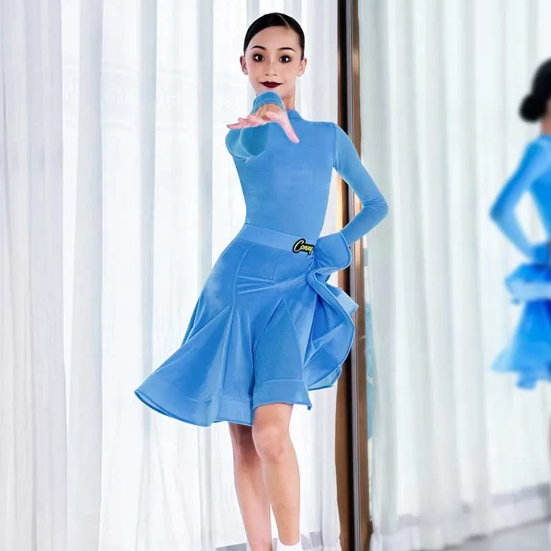 Blue Latin Dance Costume Girls Rumba Professional Competition Suit Cha Cha Performance Clothes Kids Dancewear Practice Wear 746