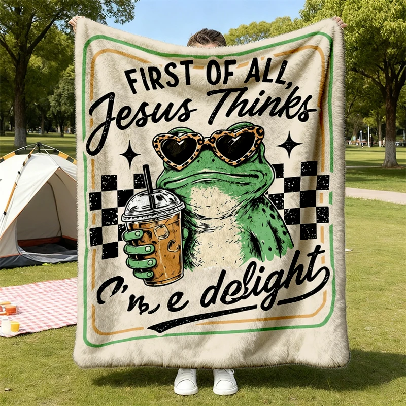 First of All Jesus Thinks I'm A Delight Flannel Blanket, Funny Christian Frog Graphic Flannel Throw