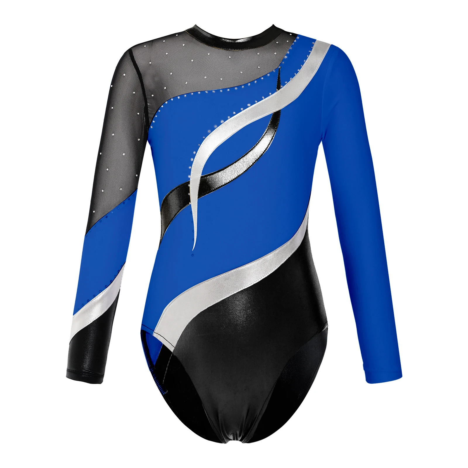 

Kids Gymnastics Bodysuit Girls Figure Skating Jumpsuit Long Sleeve Round Neckline Shiny Rhinestone Ballet Dance Leotards Costume