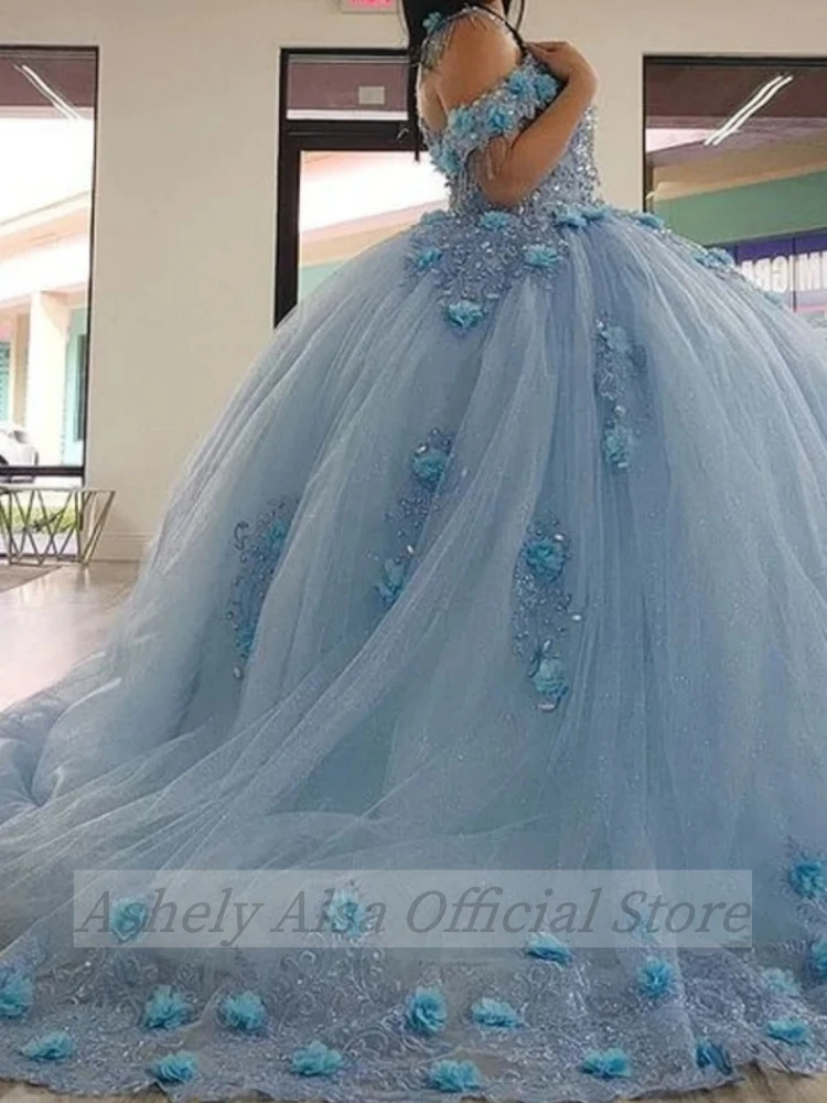 فساتين Quinceanera زرقاء سماوية للفتيات الحلوة ، زهور ثلاثية الأبعاد مصنوعة يدويًا ، حفلة Graduatin ، فستان حفلة موسيقية ، 16 ، 14 حفلة ، 15 سنة