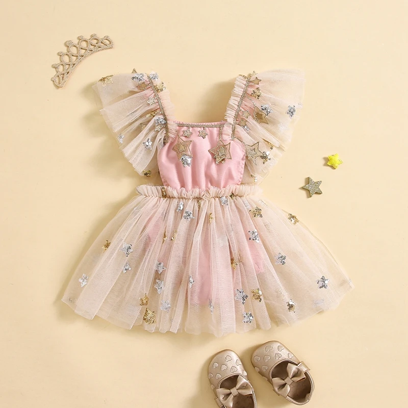 

New Toddler Girl Romper Dress Square Neck Fly Sleeve Sequin Star Frill Trim Mesh Jumpsuit Infant Baby Girl Clothes Hot Sale